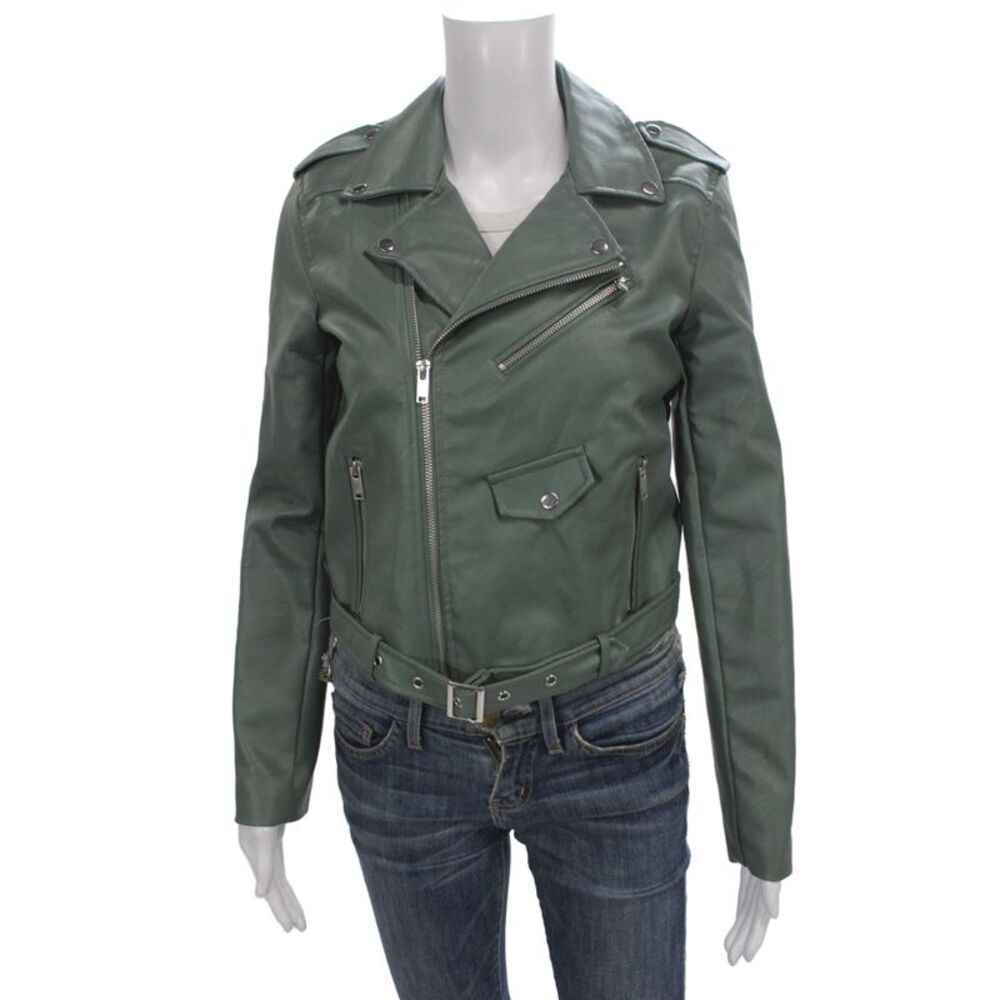 London Womens Biker Jacket Green Polyurethane Zip Long Sleeve Size S